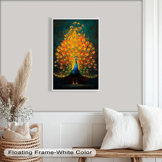 The realistic detail highlights this vibrant animal oil painting home decor featuring a peacock displaying its fiery feathers in striking detail, a captivating piece of wall art.