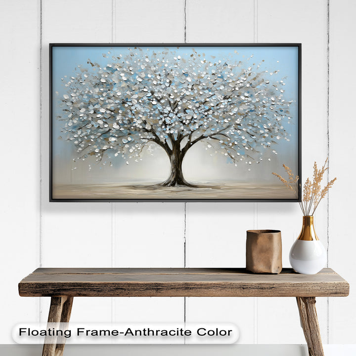 This elegant framed oil painting showcases a mesmerizing abstract tree, adorned with delicate white blossoms that create depth and movement. A blend of subtle hues and intricate brushwork brings harmony to this timeless artwork, making it an ideal choice for nature lovers.

