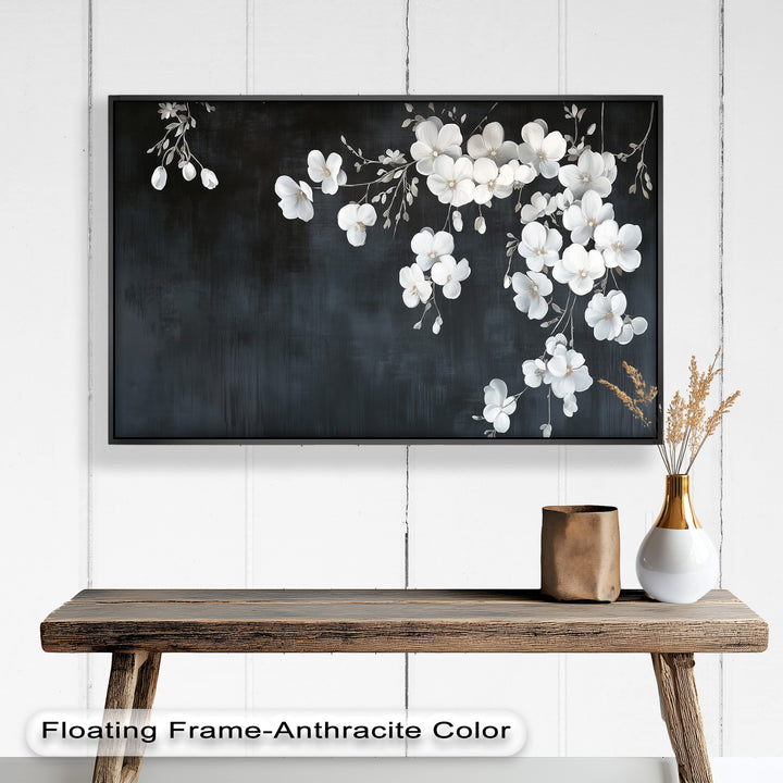 White Cherry Flowers on Midnight Blue - Flower Oil Painting