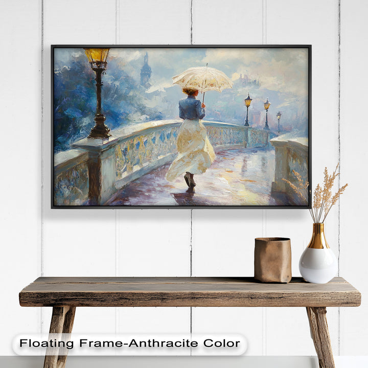 Woman with Umbrella on Cobblestone Bridge – Oil Painting