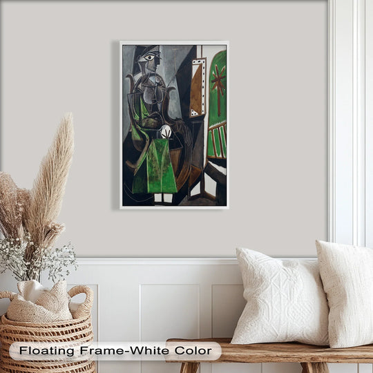 Luminous and soft woven pillows complement a contemplative figure in this abstract interior, an oil painting reproduction print inspired by Picasso's bold cubist geometry.