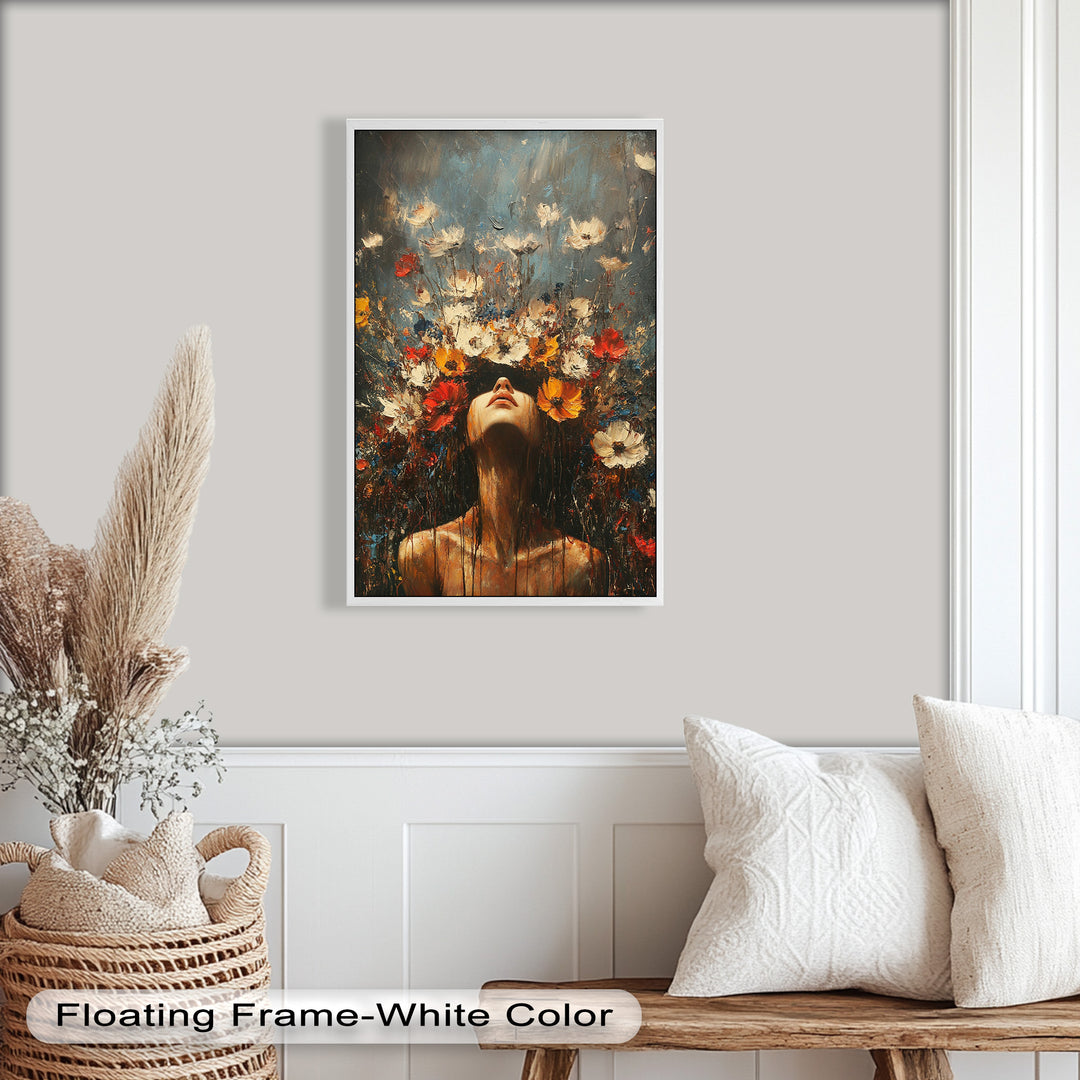 Floral Rebirth – Woman with Blossoming Crown Abstract Oil Painting