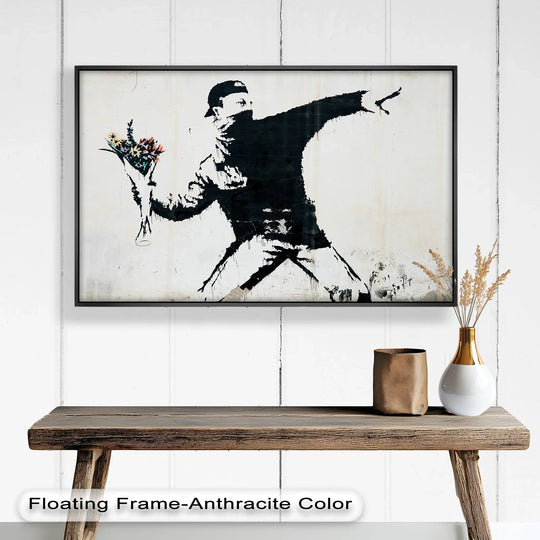 Showing depth and layers, this framed Flower Thrower Rebellion oil painting wall art captures the raw emotion and artistic detail in a modern presentation.