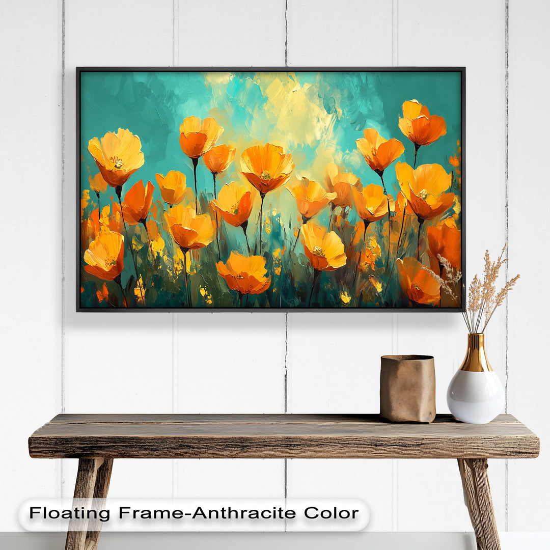A lively field of bright orange poppies blooming under a glowing sky, painted in bold brushstrokes of teal, yellow, and gold.