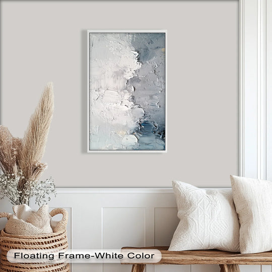 Lacking vibrant hues, this greyscale abstract oil painting artwork presents muted color saturation, emphasizing the texture and minimalist design.