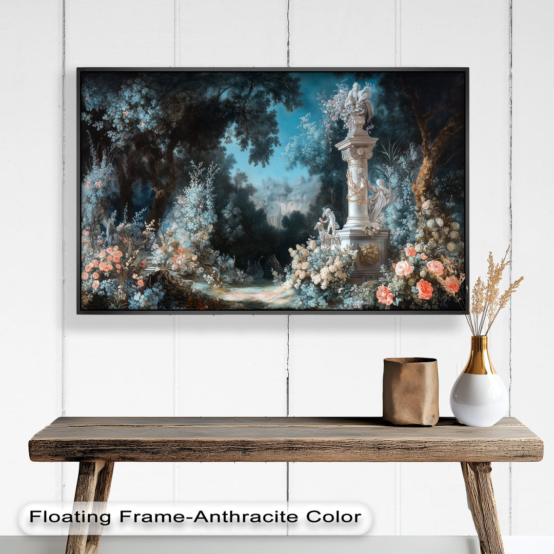 Moonlit Garden with Classical Column – Romantic Rococo Oil Painting