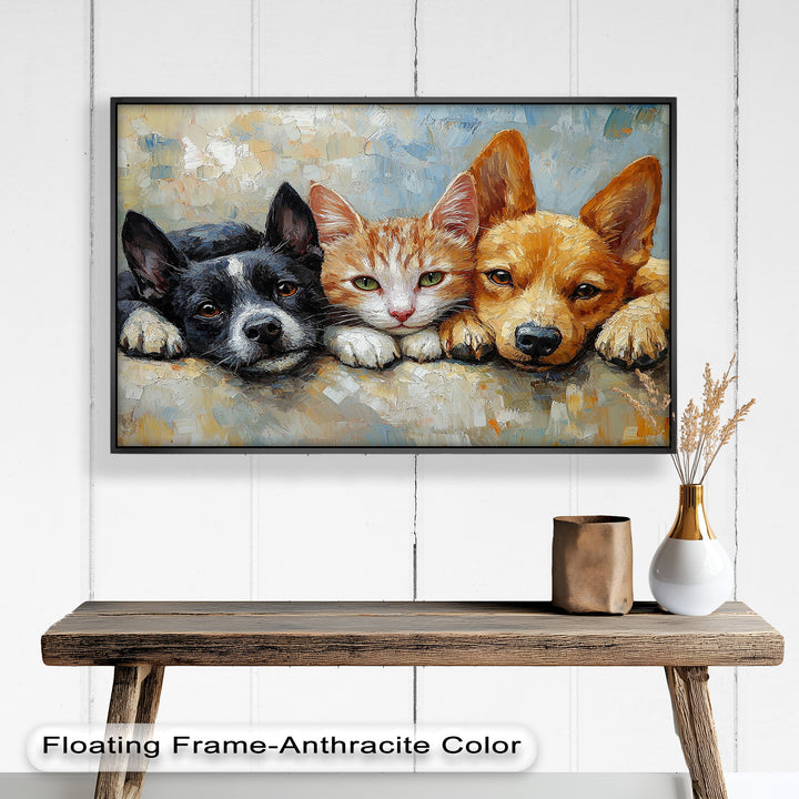 Cat and Dogs Resting Together - Animal Oil Painting