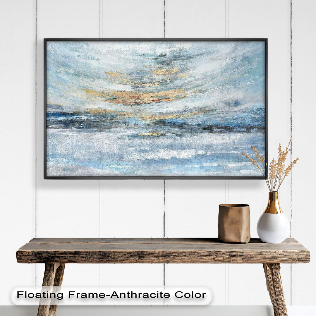 Abstrakte blaue gerahmte Kunst – Modernes expressionistisches Ölgemälde