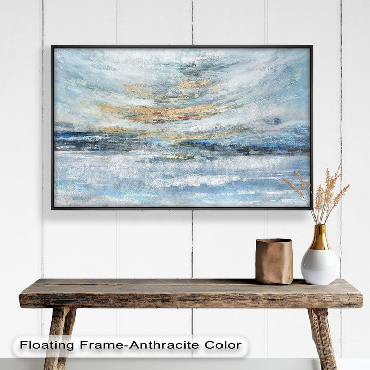 Abstrakte blaue gerahmte Kunst – Modernes expressionistisches Ölgemälde
