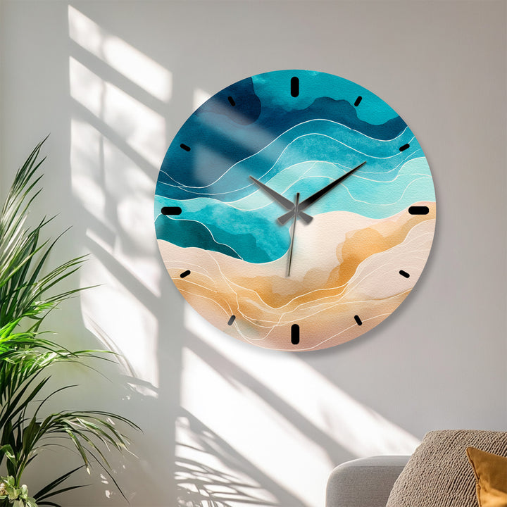 Abstract Coastal Glass Wall Clock – Blue Ocean Wave Decor