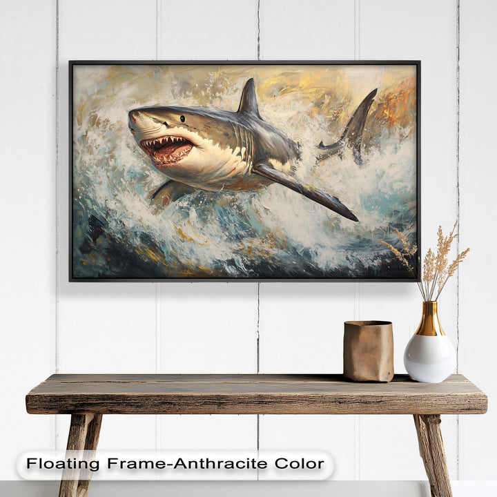 Ferocious Great White Shark Leaping Through Waves - Animal Oil Painting