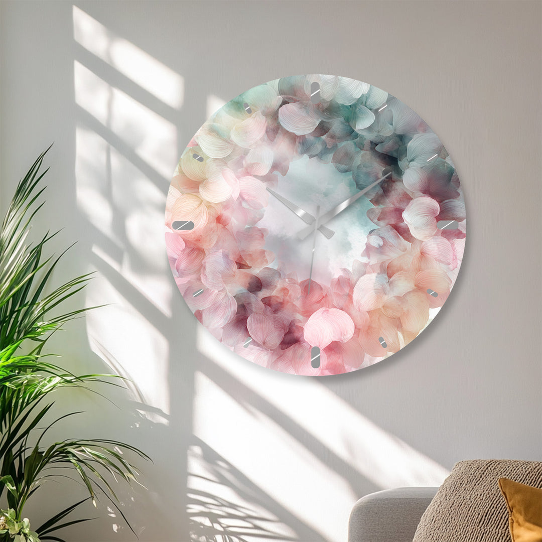 Pastel Hydrangea Glass Wall Clock – Pink Floral Wreath Decor