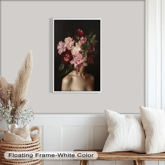 Subtle gradation defines the blossom veil in this romantic floral portrait, an oil painting art print where the dark background accentuates lighter hues.