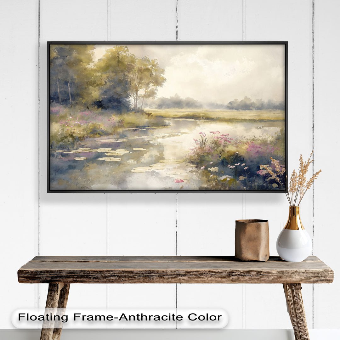 Soft Floral Riverside Wall Art – Romantic Nature Oil Painting