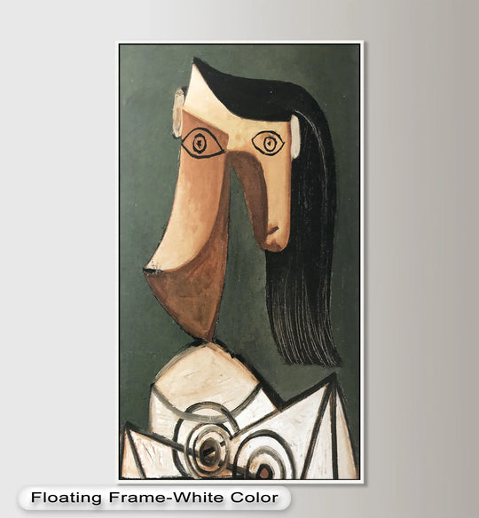Background features a muted green backdrop enhancing the abstract cubist style of the woman in this Picasso oil painting art piece.