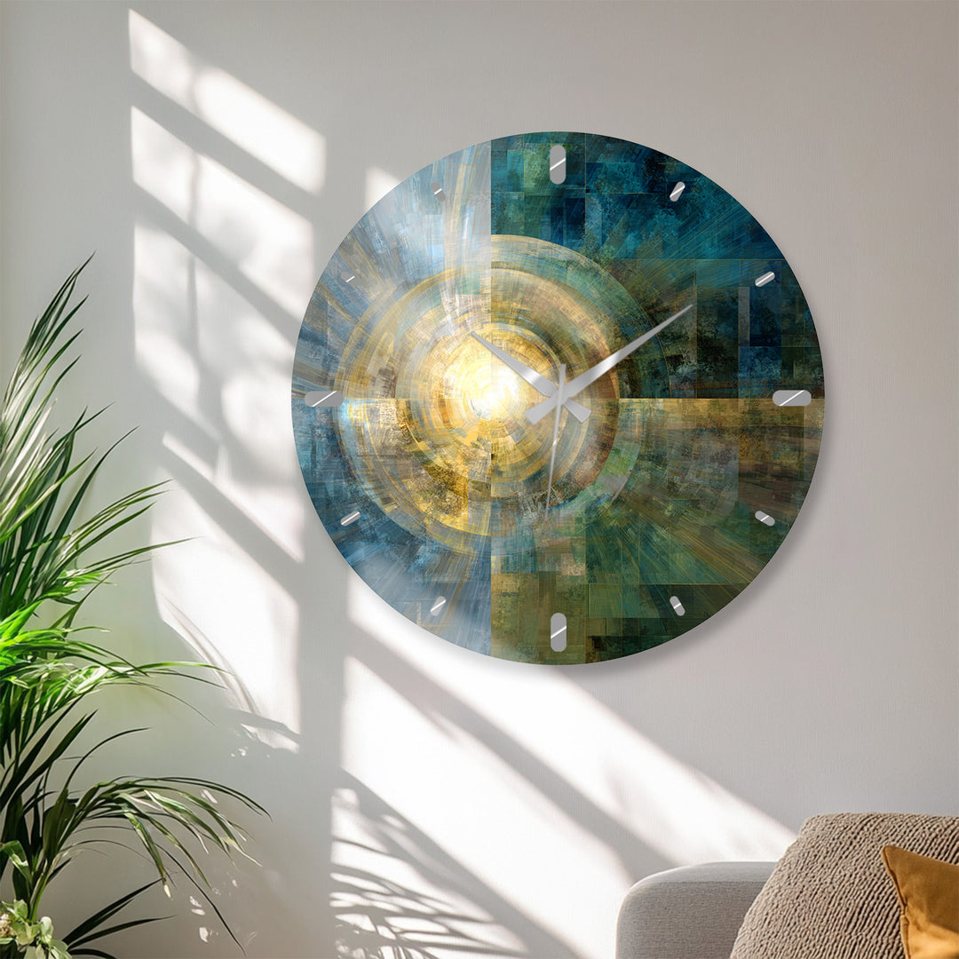 Teal and Gold Glass Wall Clock – Abstract Geometric Art
