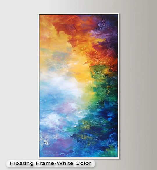 Organic forms flow together in this celestial vortex oil painting art piece, a dreamlike color fade abstract showcasing radiant golds, blues, and purples.