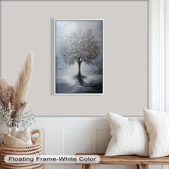 Silver Stillness – Tree in Monochrome Abstract Oil Painting