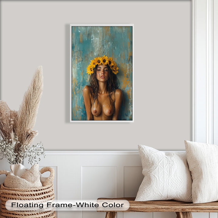 Sun-Kissed Solstice – Woman with Sunflower Crown Abstract Oil Painting