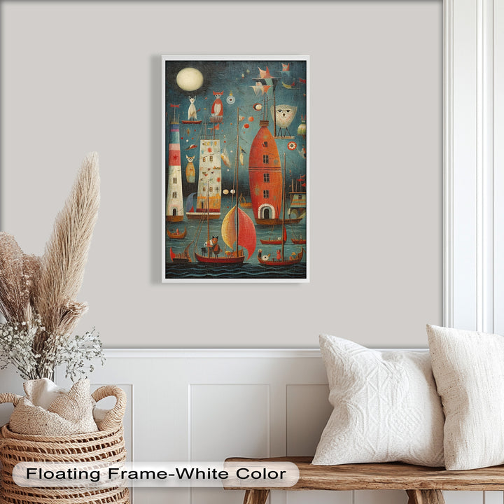 Moonlit Harbor Parade – Surreal Cat and Owl Fantasy Oil Painting