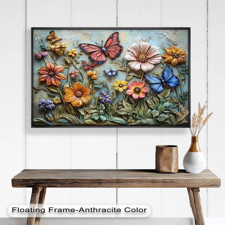 A sophisticated framed wall art piece featuring a textured botanical design with intricate floral patterns and lifelike butterflies, bringing elegance to any space.