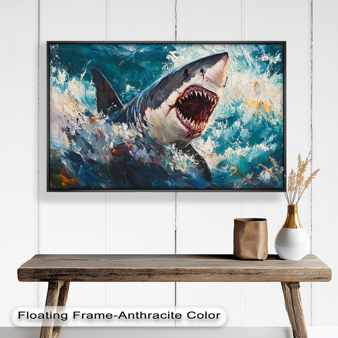 Ferocious Shark Emerging from Turbulent Waters – Animal Oil Painting