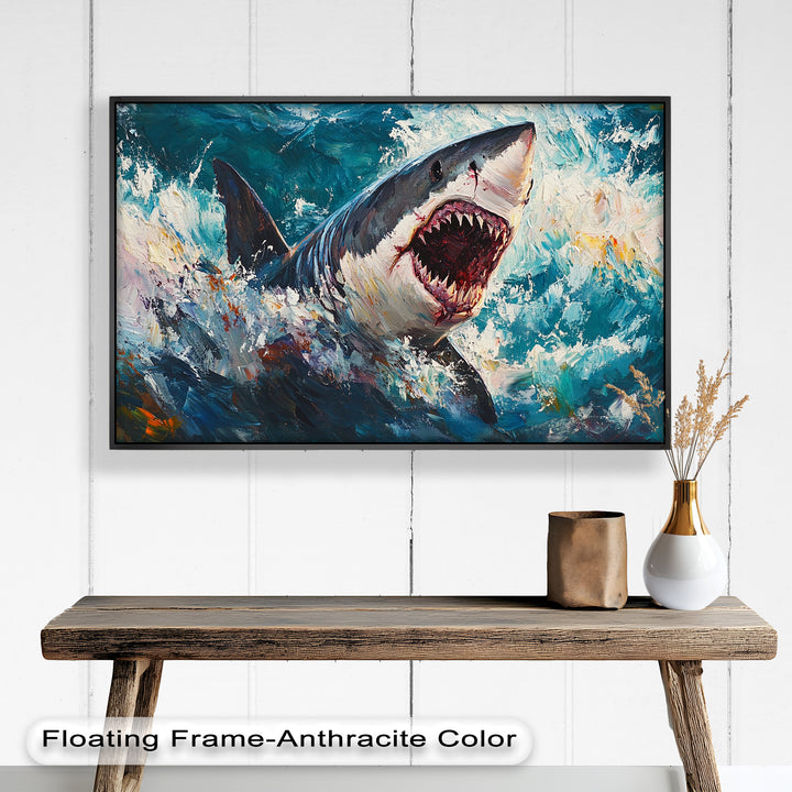 Ferocious Shark Emerging from Turbulent Waters – Animal Oil Painting