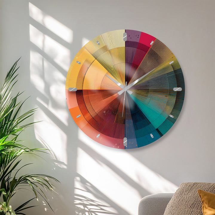 Colorful Geometric Glass Wall Clock – Retro Radial Art