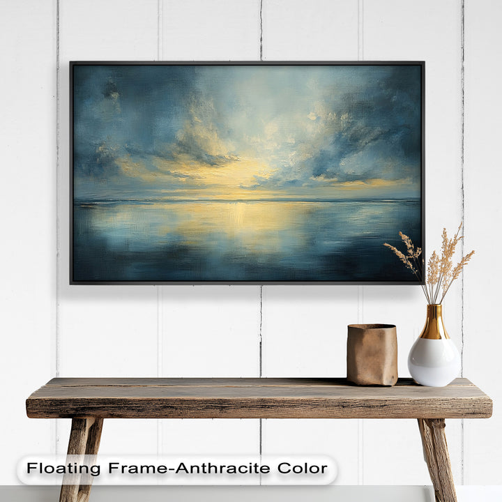 The contrast between the warm light and cool tones adds emotional depth, making this painting perfect for tranquil and reflective interiors.

