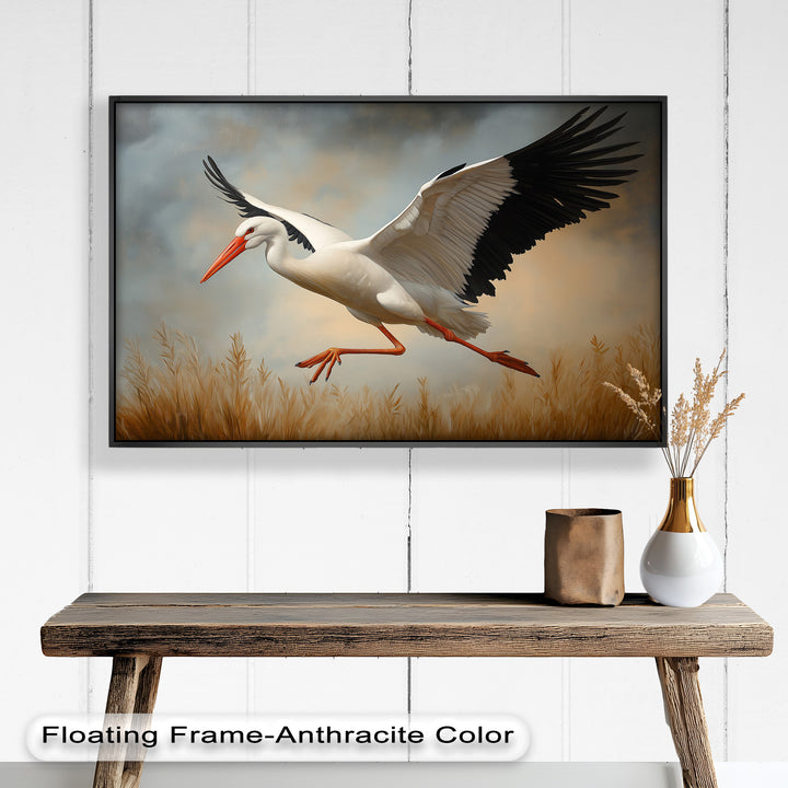 Stork in Flight over Golden Grasses – Animal Oil Painting