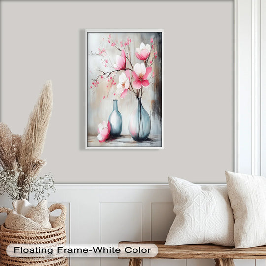 Subtle brushstrokes create a soothing effect in this modern oil painting art, highlighting the delicate, soft pink magnolias in the romantic flower oil painting.
