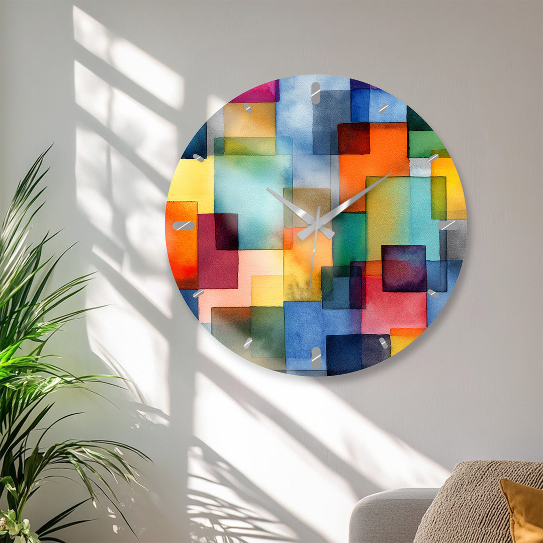 Colorful Geometric Glass Wall Clock – Abstract Color Block Art