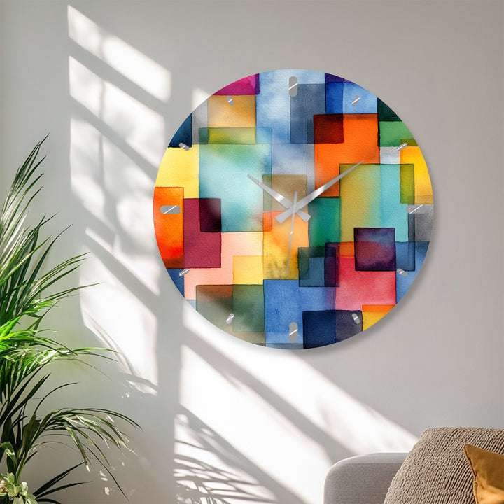 Colorful Geometric Glass Wall Clock – Abstract Color Block Art
