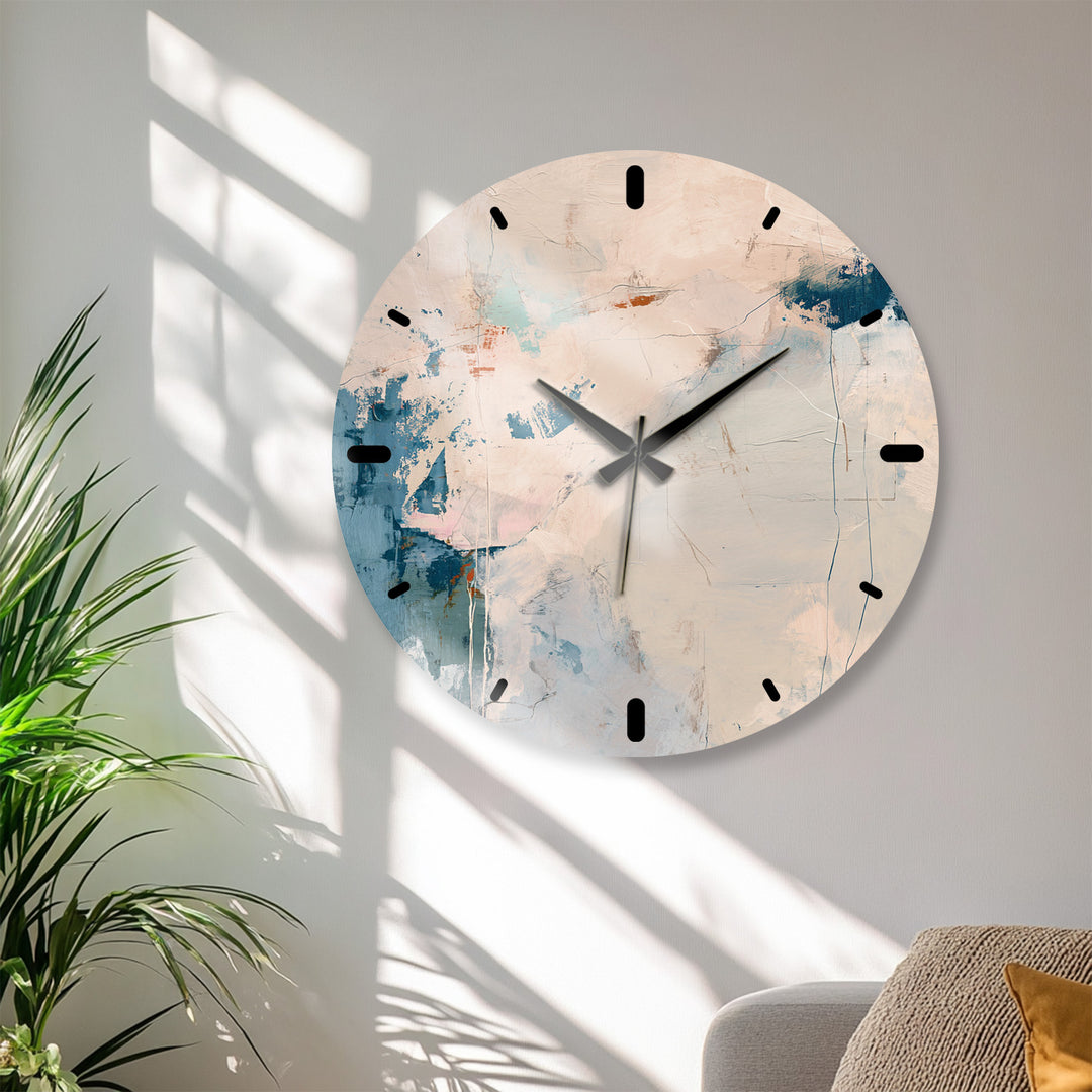 Neutral Abstract Glass Wall Clock – Beige and Blue Modern Decor