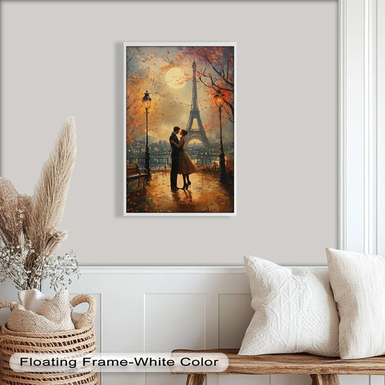 Romantic couple kissing under a moonlit Eiffel Tower takes center stage in this oil painting decoration, adding a touch of Parisian charm.