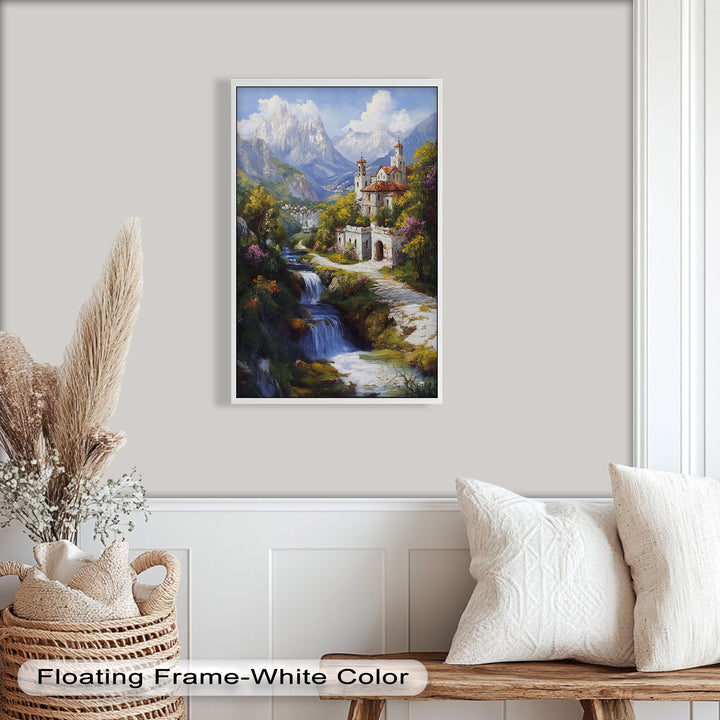 Mountain Abbey by the Falls – Serene Renaissance Oil Painting