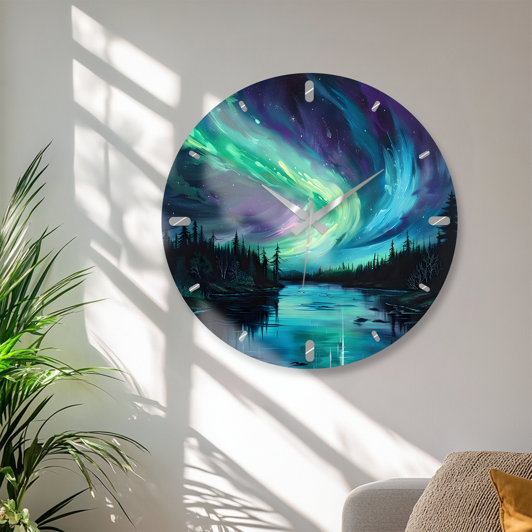 Northern Lights Glass Wall Clock – Aurora Borealis Decor