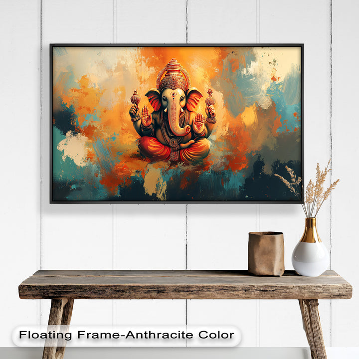Orange Ganesha Wandkunst – Religiöses Ölgemälde