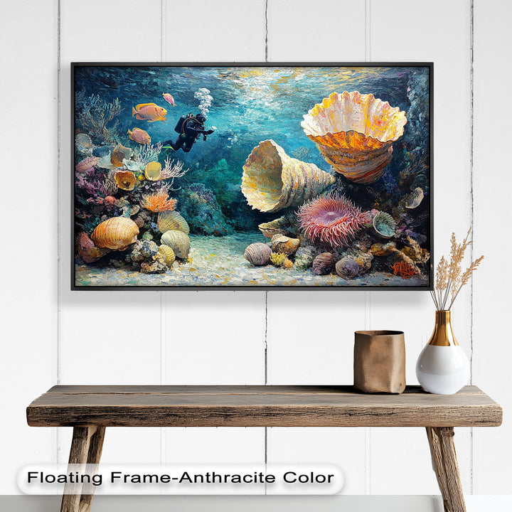 Diver Exploring Coral Reefs with Giant Shells - Animal Oil Painting