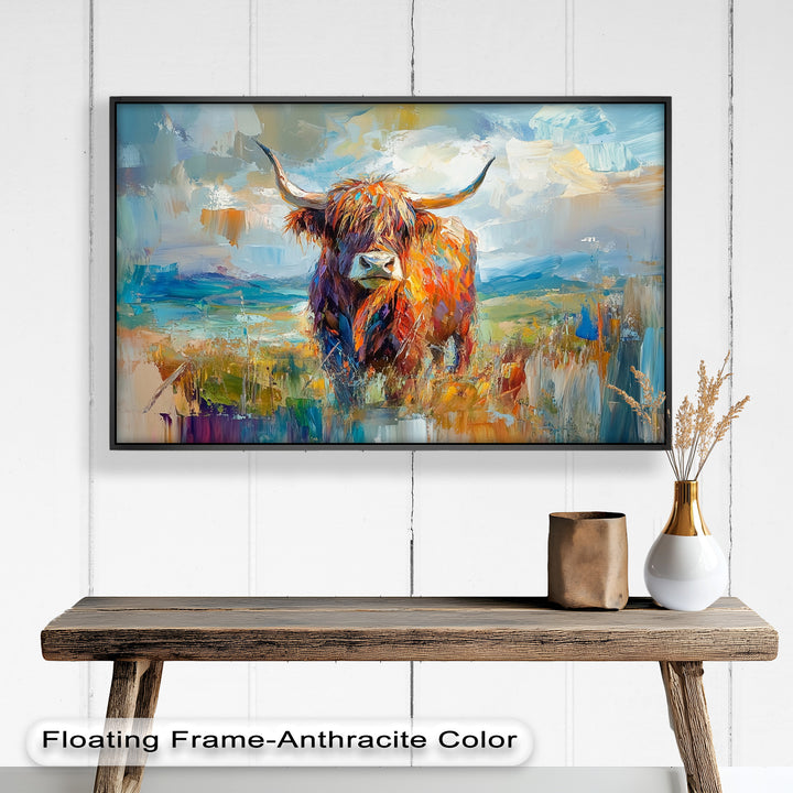 Highland Cow in Windswept Fields - Animal Oil Painting