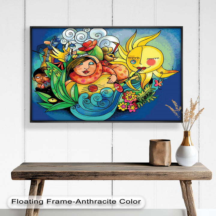 An imaginative and colorful illustration blending nature, music, and fantasy with a childlike artistic style.