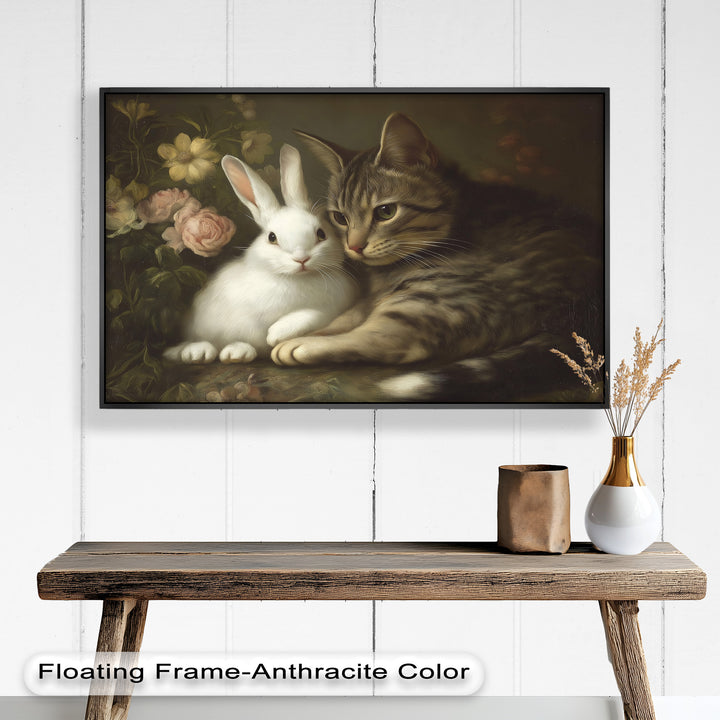 Cat and Rabbit in Floral Harmony - Animal Oil Painting