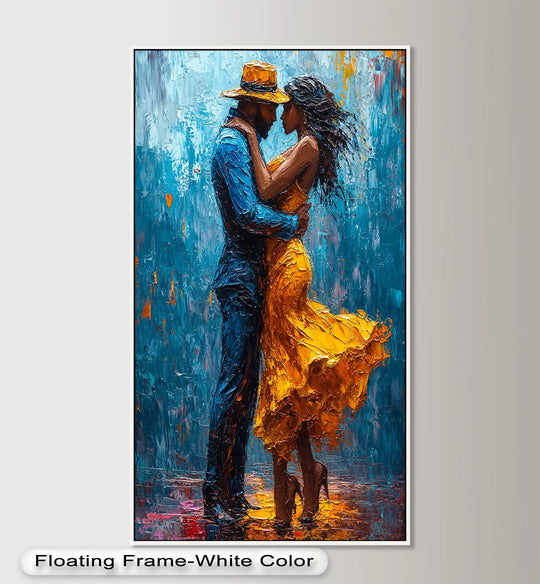 Featuring striking color contrast, this oil painting reproduction print depicts a romantic dance in the rain with rich blues offsetting the golden hues of their clothing.