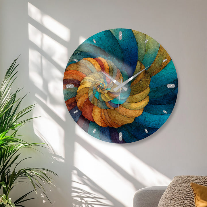 Abstract Spiral Glass Wall Clock – Teal and Gold Swirl Art