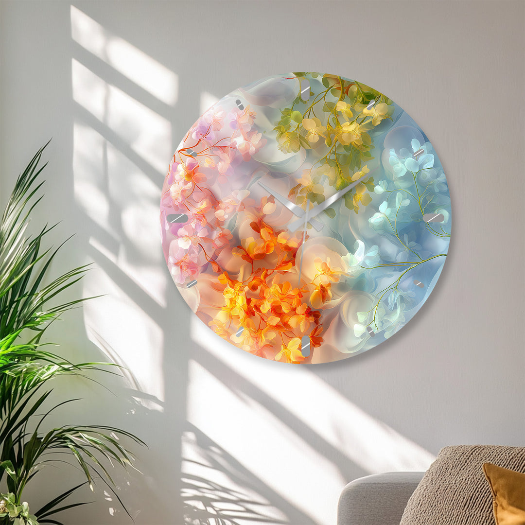 Pastel Floral Glass Wall Clock – Dreamy Botanical Decor
