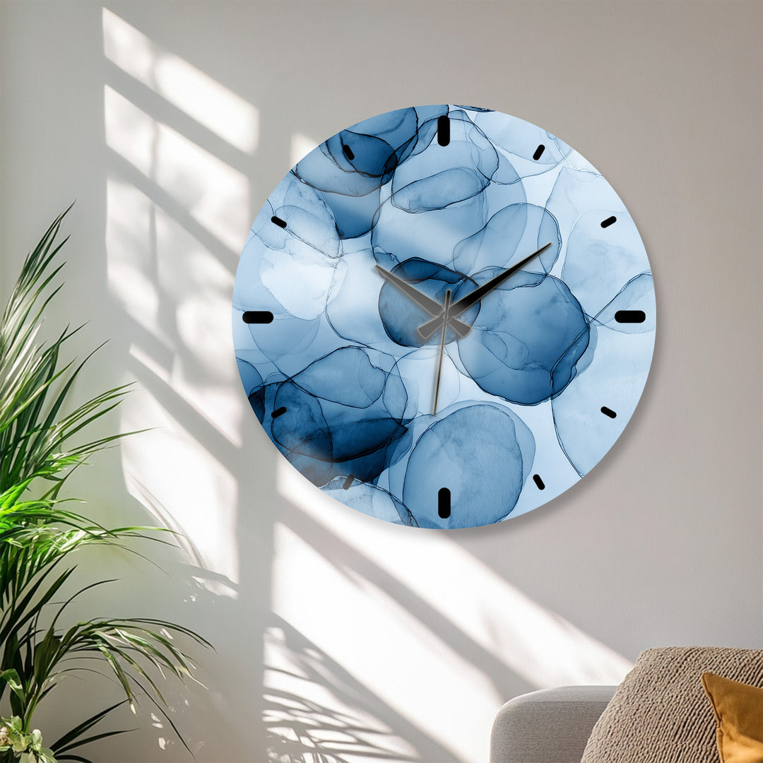 Blue Abstract Glass Wall Clock – Modern Alcohol Ink Art