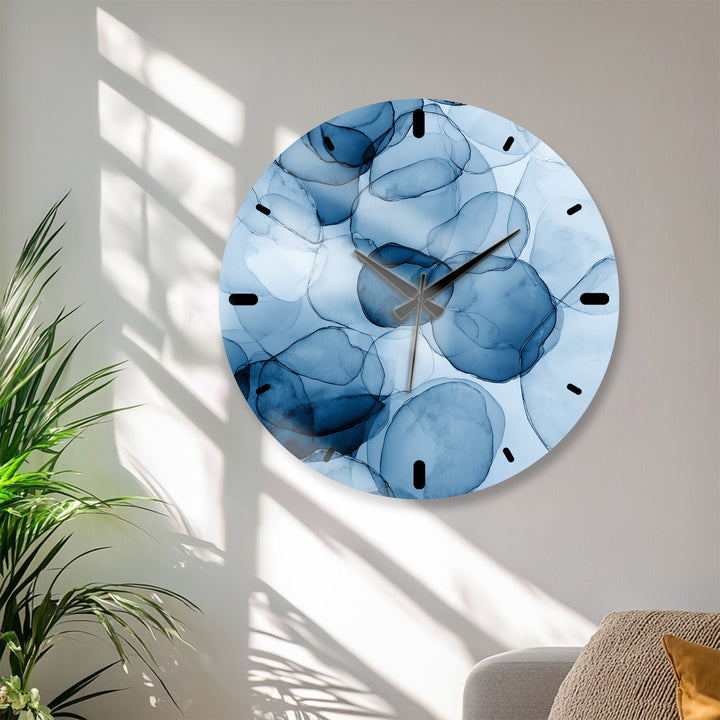 Blue Abstract Glass Wall Clock – Modern Alcohol Ink Art