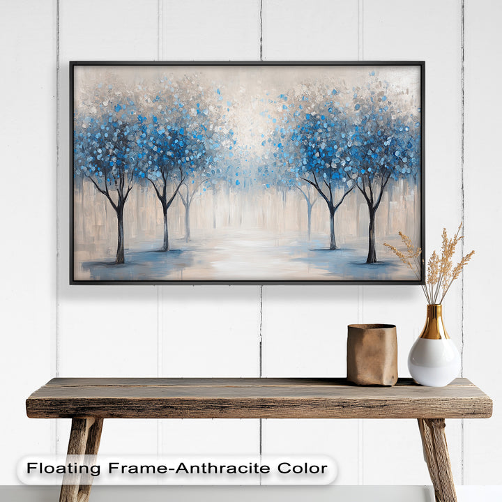 A whimsical and elegant depiction of a forest with blue-leafed trees fading into a misty, neutral-toned background.