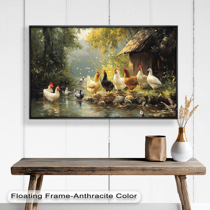 Country Farmyard Chickens by the Stream – Animal Oil Painting