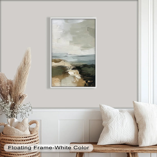 Brushstrokes in this minimalist oil painting art prints evoke a feeling of fluid movement across the muted coastal landscape, capturing the essence of nature’s gentle rhythm.